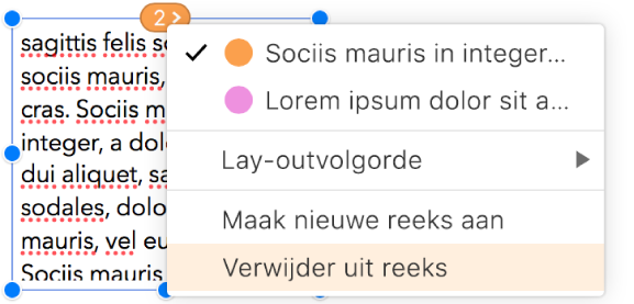 Het tweede tekstvak in een thread is geselecteerd en een pop‑upmenu naast de cirkel boven het tekstvak is open. In het pop‑upmenu is het menuonderdeel 'Van thread verwijderen' geselecteerd.