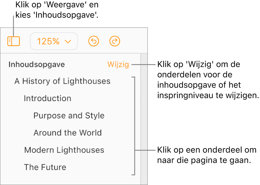 De inhoudsopgave staat open in de navigatiekolom aan de linkerkant, met onderdelen voor de titel van het document en vijf andere kopteksten.