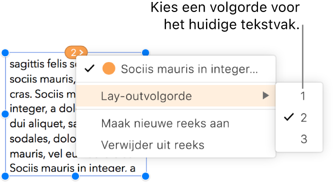 Er is een gekoppeld tekstvak geselecteerd en er is een pop‑upmenu geopend naast de cirkel boven het tekstvak. In het pop‑upmenu is het menu-onderdeel 'Lay-outvolgorde' geselecteerd en een tweede pop‑upmenu toont de nummers 1, 2 en 3. Naast nummer 2 staat een vinkje om aan te geven dat dit het tweede tekstvak in de thread is.