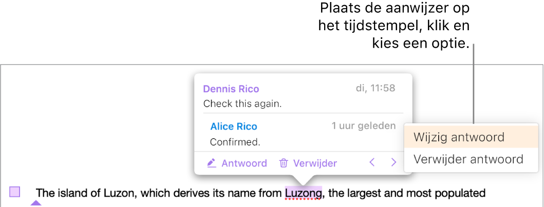 Een opmerking met een antwoord; de muisaanwijzer staat op het tijdstempel voor het antwoord; in een pop‑upmenu staan twee opties: 'Wijzig antwoord' en 'Verwijder antwoord'.