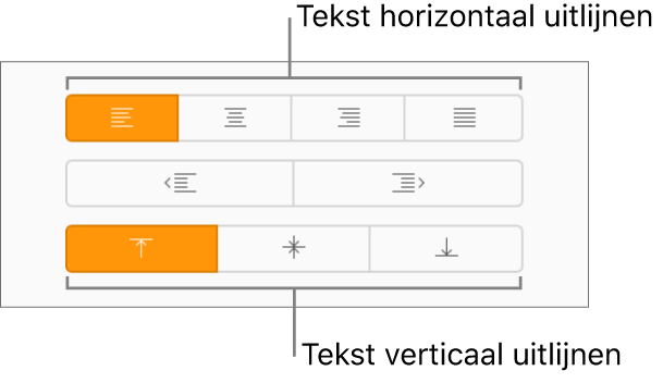 De knoppen voor het horizontaal of verticaal uitlijnen van tekst in de navigatiekolom 'Opmaak'.