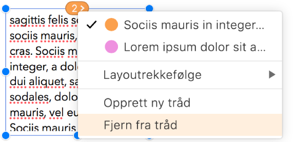 Den andre tekstruten i en tråd er valgt, og en lokalmeny ved siden av sirkelen øverst i tekstruten er åpen. I lokalmenyen er menyelementet Fjern fra tråd valgt.