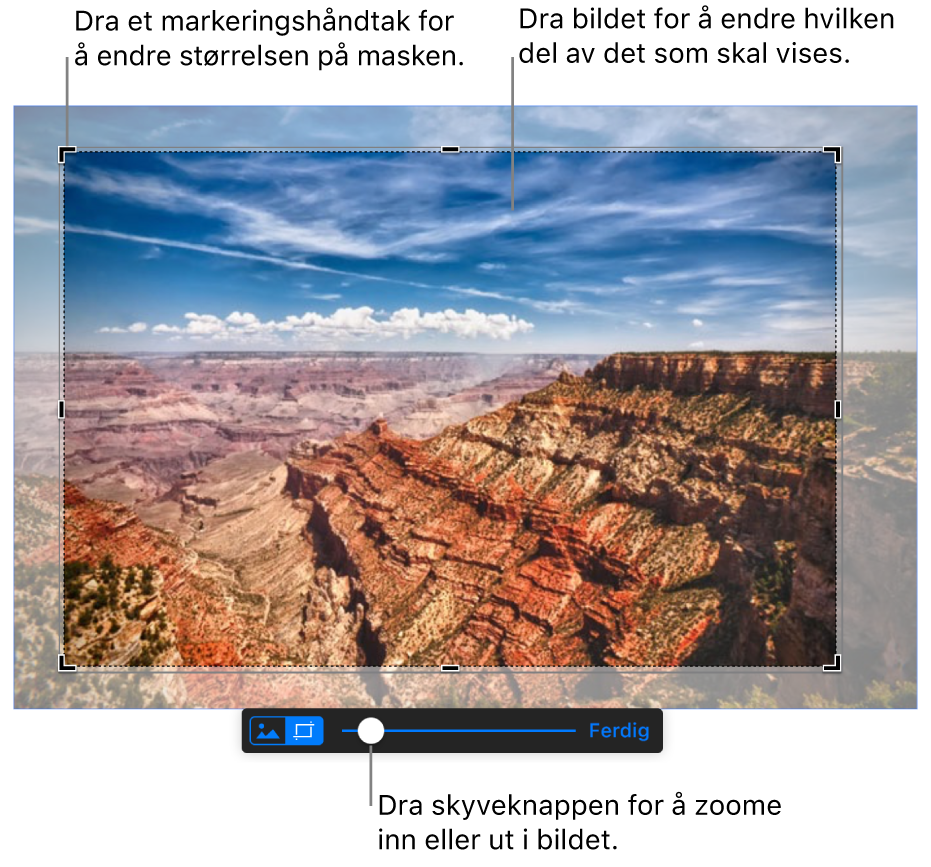 Et markert bilde med Masker-kontroller synlige nederst. Bildeforklaringer angir markeringshåndtak i hjørnet, bildets ytterkant og skyveknappen på maskeringskontrollen.