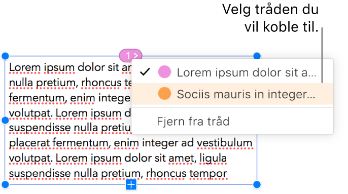 Den første tekstruten i en tråd er markert, og en lokalmeny ved siden av sirkelen øverst i tekstruten er åpen. I lokalmenyen har tråden denne tekstruten tilhører, et hakemerke ved siden av seg.