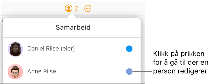 Samarbeid-menyen er åpen, med to deltakere og en forskjellig farget prikk til høyre for hvert navn.