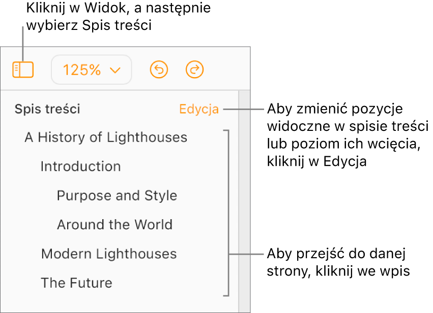 Na lewym pasku bocznym otwarty jest spis treści, z pozycjami dla tytułu dokumentu i pięciu innych nagłówków.
