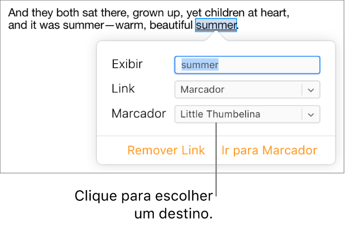 O texto em um documento é selecionado e sublinhado, e a janela do link mostra que o texto está vinculado a um favorito.