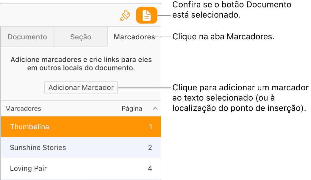 A aba Favoritos está selecionada na barra lateral Documento. O botão Adicionar Favoritos aparece acima de uma lista de favoritos que já foram adicionados ao documento.