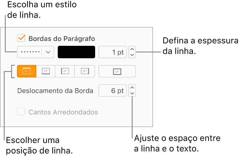 A caixa de seleção Bordas do Parágrafo está selecionada na aba Layout da barra lateral Formatar e os controles para alterar o estilo, a cor, a espessura, a posição e o deslocamento do texto são mostrados abaixo da caixa de seleção.