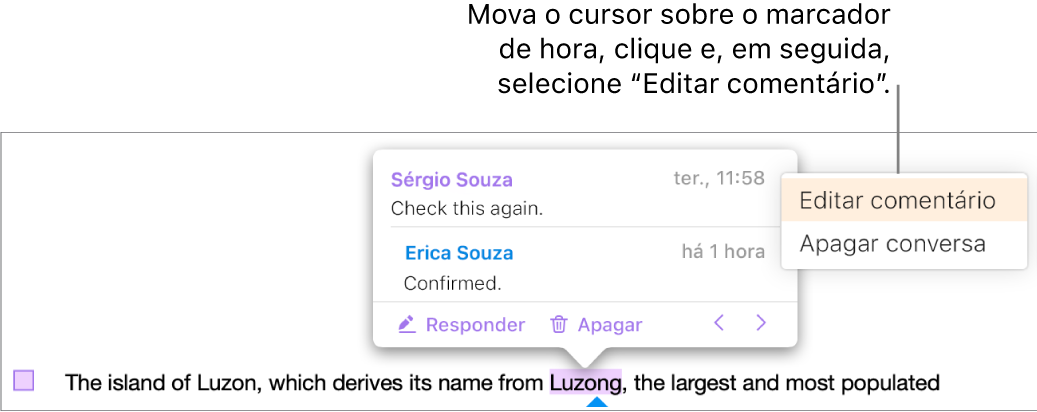 Um comentário está aberto, o cursor está sobre o marcador de hora e o menu pop-up apresenta duas opções, "Editar comentário” e “Apagar conversação”.