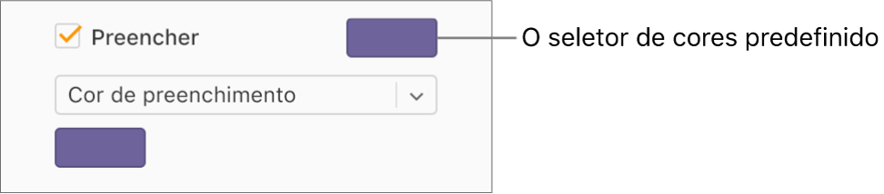 A opção "Preencher” está assinalada e a paleta de cores predefinida, à direita da opção assinalável, está preenchida a roxo. Sob a opção assinalável, a opção "Preenchimento de cor” está selecionada no menu pop-up.