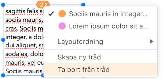 Den andra textrutan i en tråd väljs och en popupmeny bredvid cirkeln längst upp i textrutan är öppen. I popupmenyn markeras menyobjektet Ta bort från tråd.