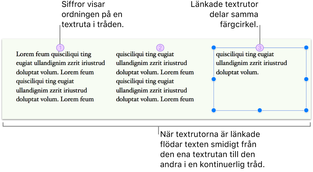 Tre länkade textrutor med text ordnade sida vid sida på samma sida. Varje textruta har en lila cirkel längst upp med en siffra som indikerar ordningen i tråden.