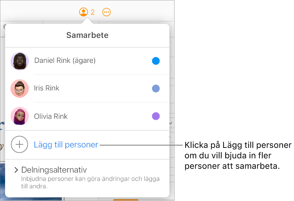 Menyn Samarbete är öppen med alternativet Lägg till personer nedanför deltagarlistan.