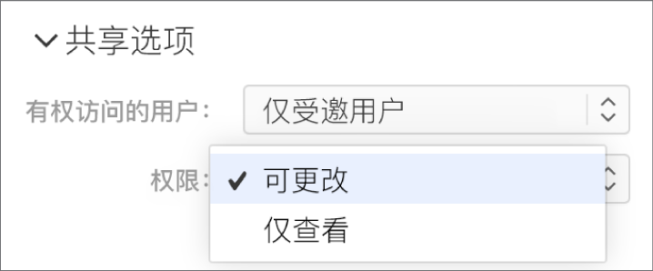 “共享选项”下方的“权限”弹出式菜单已打开，其中包括允许用户更改文稿或仅查看文稿的选项。