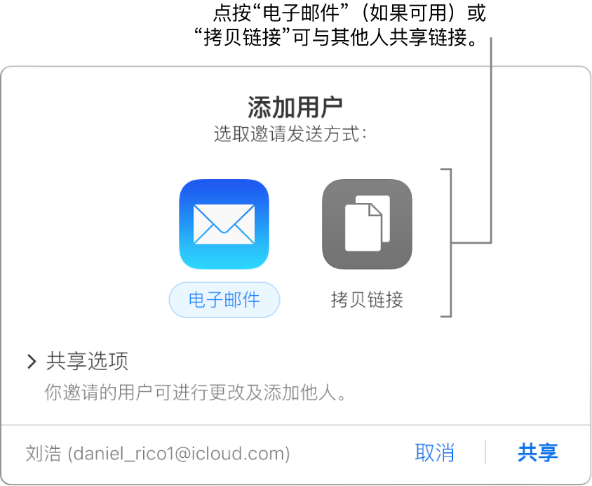 当你在工具栏中点按“协作”按钮时，会显示此窗口（在共享文稿之前）。“电子邮件”和“拷贝链接”按钮允许你选取共享文稿的方式。