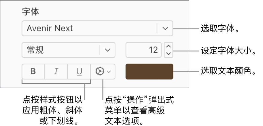 “格式”边栏中的字体和文本样式控制项。
