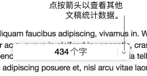 文稿统计数据弹出式菜单会显示字数。