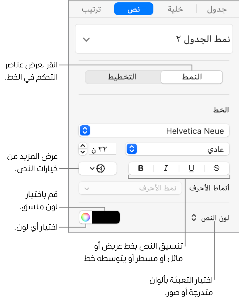 عناصر التحكم الخاصة بتطبيق أنماط نص الجدول.