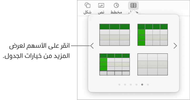 جزء إضافة جدول مع سهمي التنقل على اليمين واليسار.