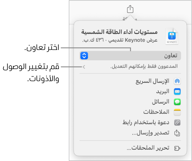 القائمة مشاركة حيث يظهر بها الخيار تعاون محددًا في الجزء العلوي، وإعدادات الوصول والأذونات في الجزء السفلي.