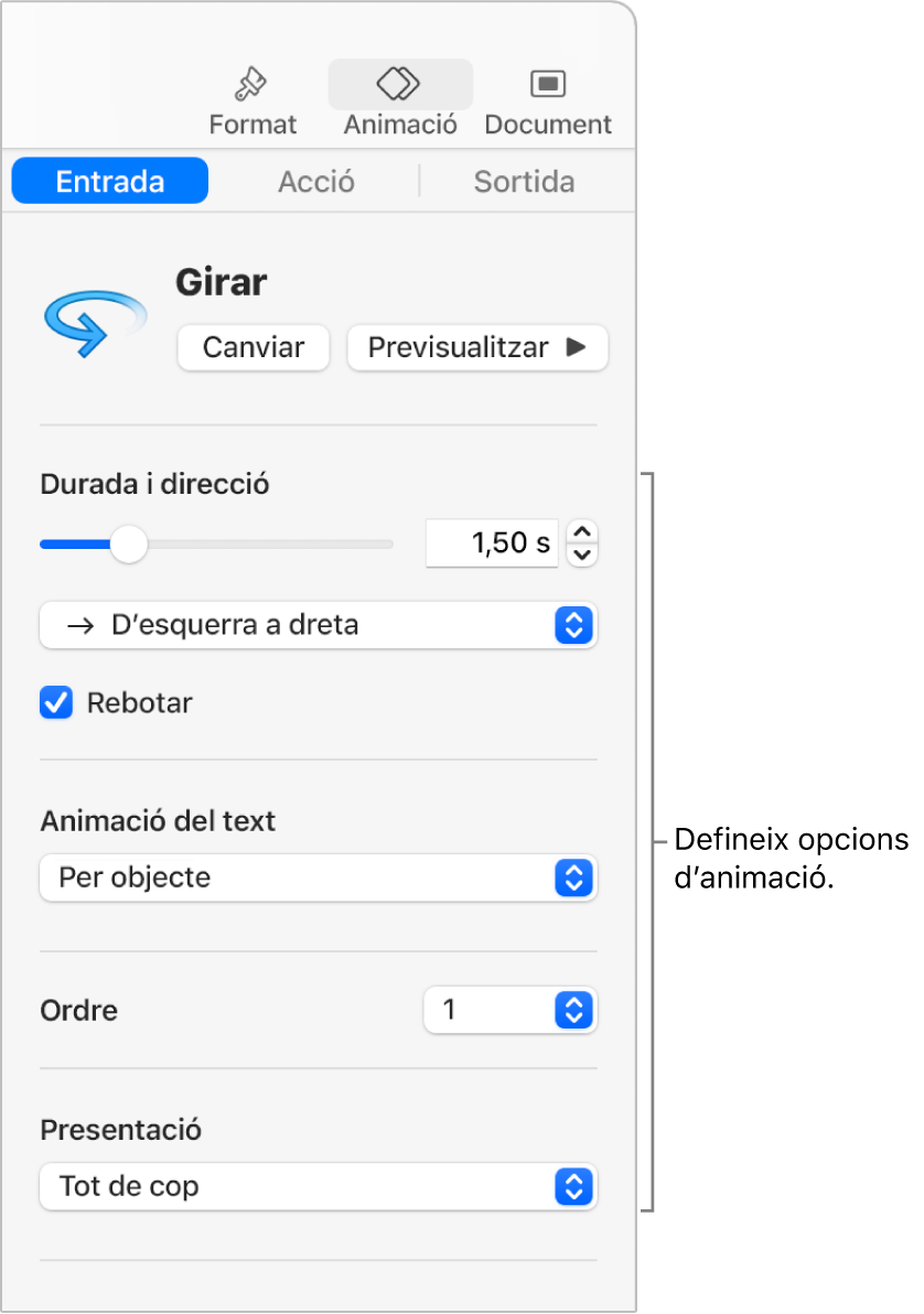 Les opcions Entrada de la secció Animació de la barra lateral.