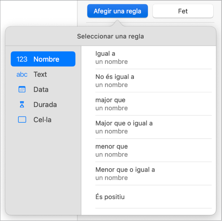 Controls per configurar un ressaltat condicional.