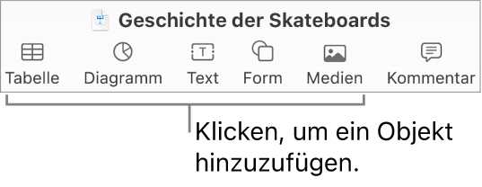 Die Keynote-Symbolleiste mit den Tasten „Tabelle“, „Diagramm“, „Text“, „Form“ und „Medien“