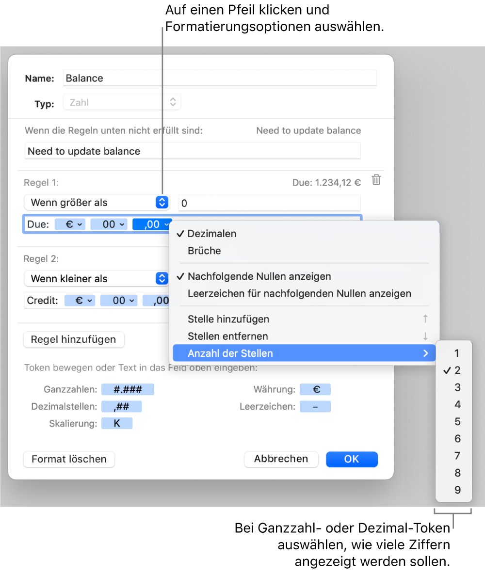 Das Fenster für ein eigenes Zellenformat mit Steuerelementen zum Erstellen eines eigenen Zahlenformats