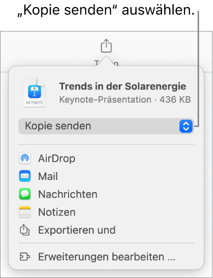 Das Menü „Teilen“, in dem „Kopie senden“ oben ausgewählt ist.