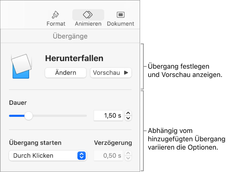 Steuerelemente für Übergänge im Bereich „Übergänge“ in der Seitenleiste