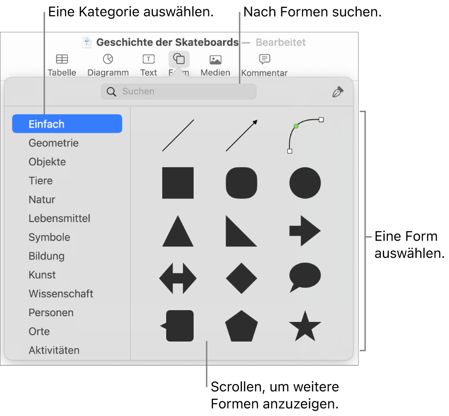 Die Formensammlung mit Kategorien auf der linken Seite und rechts angezeigten Formen Du kannst das oben angezeigte Suchfeld verwenden, um Formen zu finden. Durch Scrollen kannst du weitere Formen anzeigen.