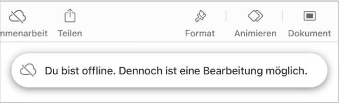 Die Tasten oben auf dem Bildschirm, darunter die Taste „Zusammenarbeit“, die als mit einer diagonalen Linie durchgestrichenen Wolke dargestellt wird. Ein Hinweis auf dem Bildschirm besagt, dass du offline bist, aber weiterhin arbeiten kannst.