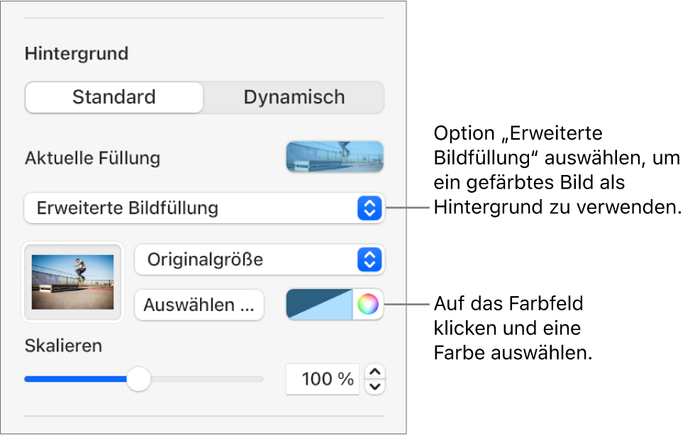 Die Steuerelemente „Hintergrund“ mit farbiger Option „Erweiterte Bildfüllung“, die als Folienhintergrund festgelegt ist.