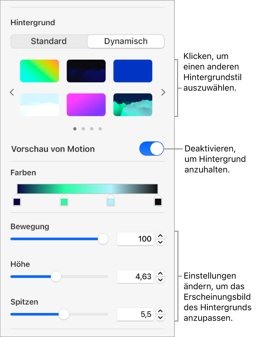 Die ausgewählte Taste „Dynamisch“ im Bereich „Hintergrund“ der Seitenleiste „Format“ mit den dynamischen Hintergrundstilen, dem Steuerelement „Bewegungsvorschau“ und den Steuerelementen für die Darstellung