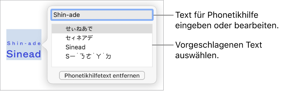 Die geöffnete Phonetikhilfe für ein Wort mit Beschreibungen für das Textfeld und einen Textvorschlag