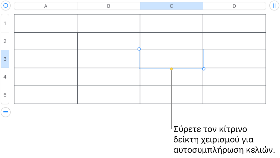 Ένα επιλεγμένο κελί με μια κίτρινη λαβή που μπορείτε να σύρετε για αυτοσυμπλήρωση κελιών.