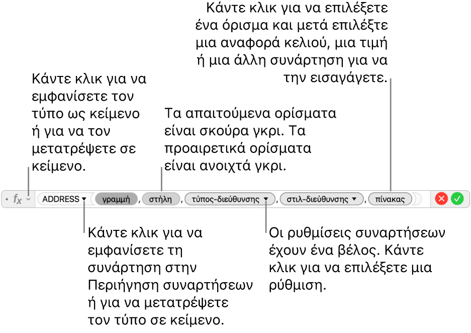 Ο Επεξεργαστής τύπων που εμφανίζει τη συνάρτηση ADDRESS και τα διακριτικά ορισμάτων της.