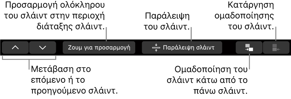 Το Touch Bar στο MacBook Pro με στοιχεία ελέγχου για πλοήγηση στο επόμενο ή στο προηγούμενο σλάιντ, προσαρμογή του σλάιντ στην περιοχή διάταξης σλάιντ, παράλειψη ενός σλάιντ και ομαδοποίηση ή κατάργηση της ομαδοποίησης ενός σλάιντ.