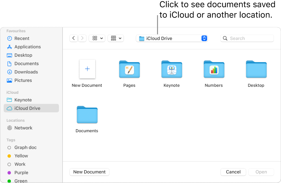 The Open dialogue with the sidebar open on the left and iCloud Drive selected in the pop-up menu at the top. Folders for Keynote, Numbers and Pages appear in the dialogue, along with a New Document button.