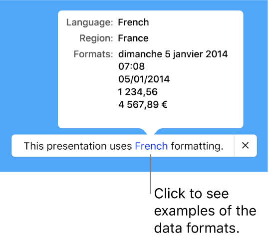 The notification of the different language and region setting, showing examples of the formatting in that language and region.