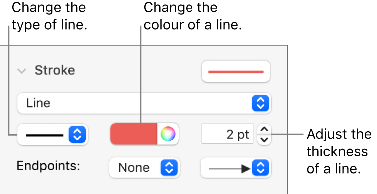 The stroke controls for setting endpoints, line thickness and colour.