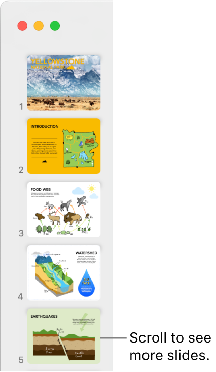 The slide navigator depicting five slides vertically in sequential order, with the option to scroll down to view more slides.