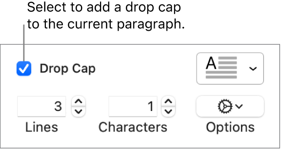 The Drop Cap checkbox is selected, and a pop-up menu appears to its right; controls for setting the line height, number of characters, and other options appear below it.