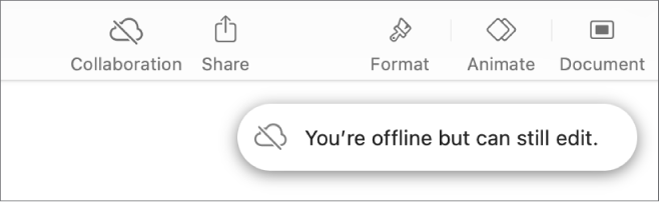 The buttons at the top of the screen, with the Collaboration button changed to a cloud with a diagonal line through it. An alert on the screen says “You’re offline but can still edit.”