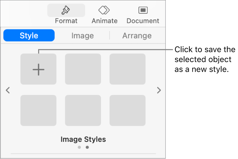 The Style tab of the Format sidebar with one text box style, a Create Style button to the right of it, and four empty style placeholders.