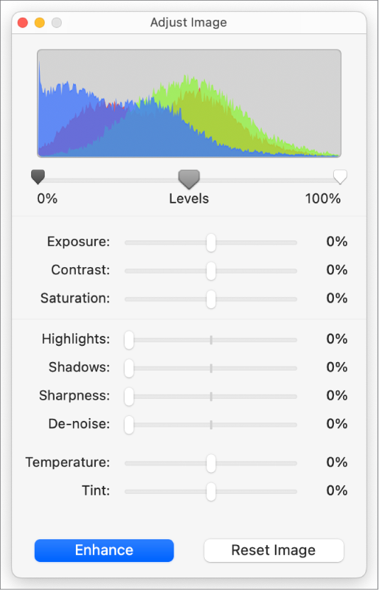 The Adjust Image window with sliders for setting exposure, contrast, saturation, highlights, shadows, sharpness, de-noise, temperature, and tint.