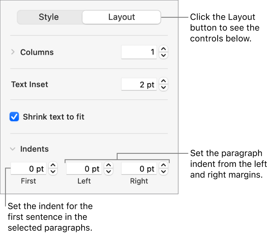 The Layout section of the Format sidebar showing controls for setting the first line indent and paragraph margins.