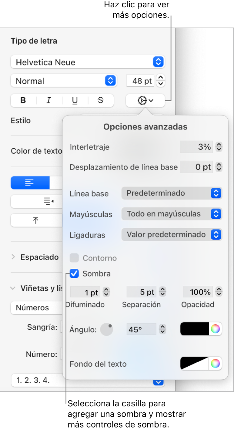 El menú Opciones avanzadas abierto con la casilla Sombra seleccionada y los controles para configurar el desenfoque, la desviación, la opacidad, el ángulo y el color.