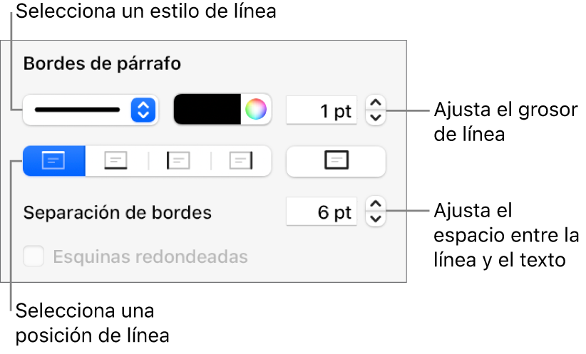 Controles para cambiar el estilo de línea, grosor, posición y color.